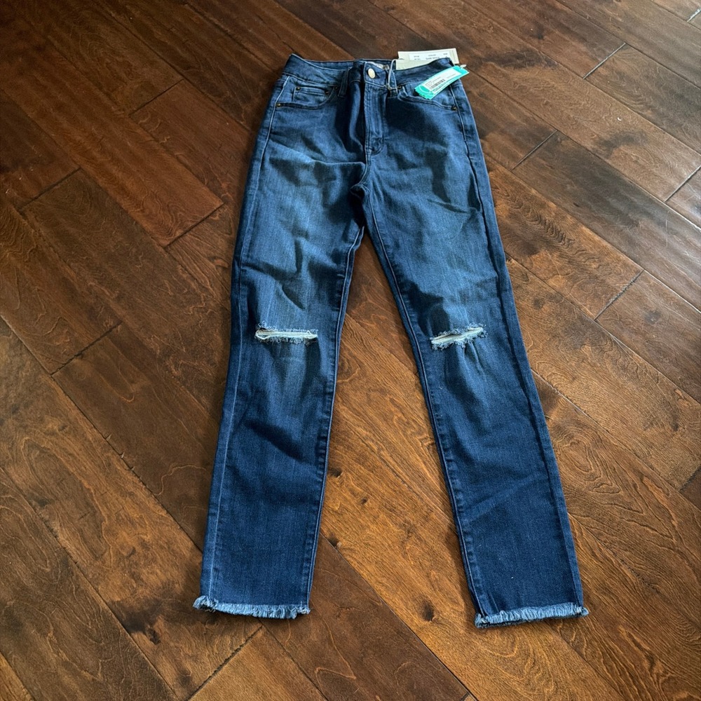 JUST USA Dark Denim Ripped Distressed Skinny Jeans Frayed Hem Size 4 NWT